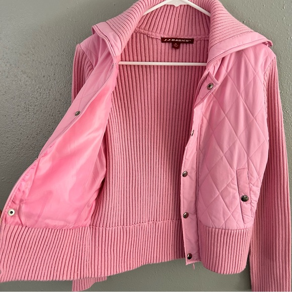 J.J. Basics Y2K Bubblegum Pink Quilted Ribbed Knit Full Zip Sweater Jacket Sz XL - Picture 3 of 7